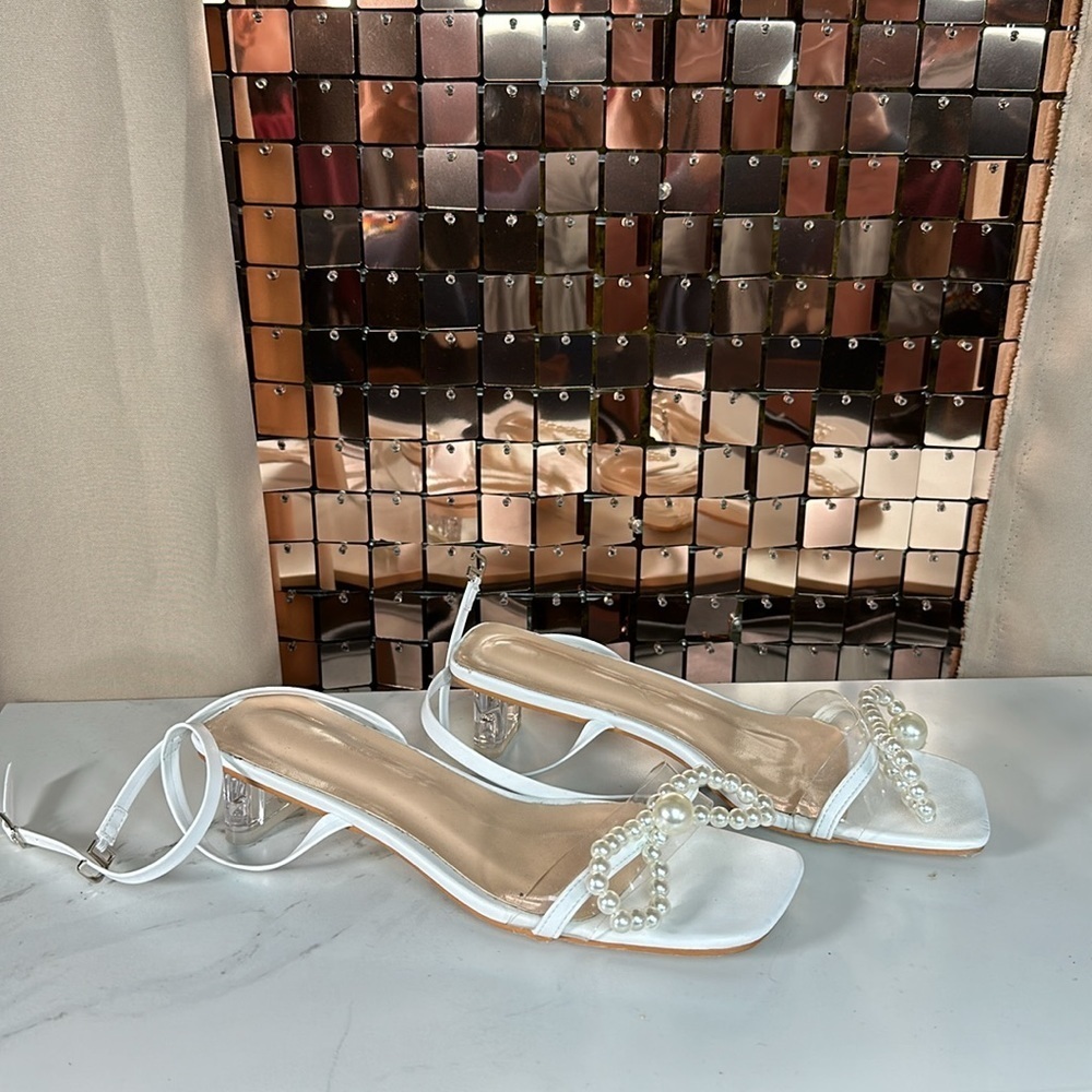 White Square Toed Clear Heeled Sandal w Faux Pearl Bow and Ankle Strap Size 38